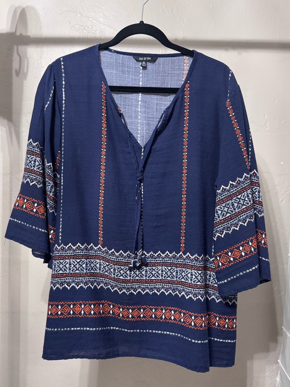 Yak & Yeti Navy Boho Tunic Top V-Neck Tassel Embroidered Nepal XL